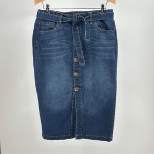 d. jeans Dark Blue Midi Skirt with Button Front Tie Waist Classic Academia